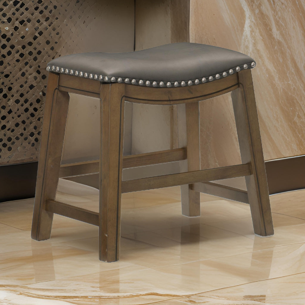 Miel 20 Inch Dining Stool, Gray Faux Leather, Brown Solid Wood, Nailheads By Casagear Home