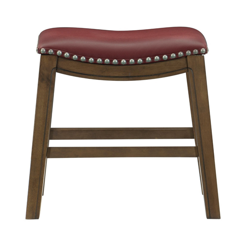 Miel 20 Inch Dining Stool Red Faux Leather Brown Solid Wood Nailheads By Casagear Home BM314432