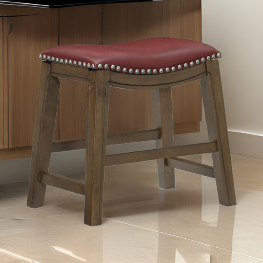 Miel 20 Inch Dining Stool, Red Faux Leather, Brown Solid Wood, Nailheads By Casagear Home