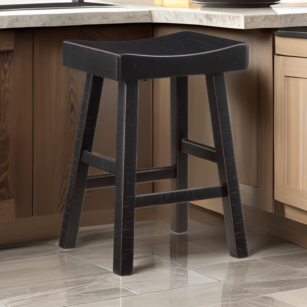 Casy 25 Inch Counter Height Stool, Saddle Seat, Black Rubberwood, Set of 2 By Casagear Home