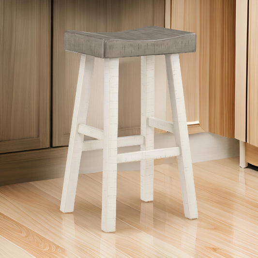 Casy 30 Inch Bar Height Stool Gray Saddle Seat White Rubberwood Set of 2 By Casagear Home BM314443