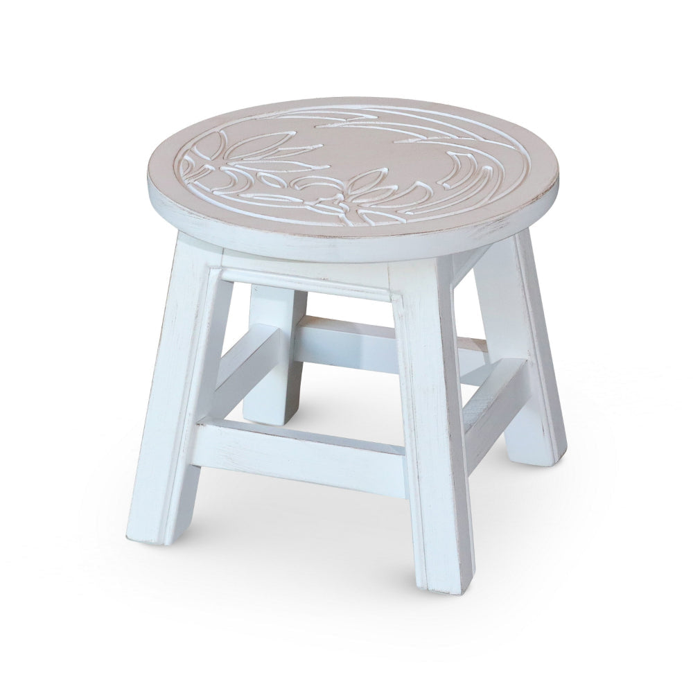 Sidi 11 Inch Step Stool Footrest, Wood Floral Print, Round, Antique White By Casagear Home