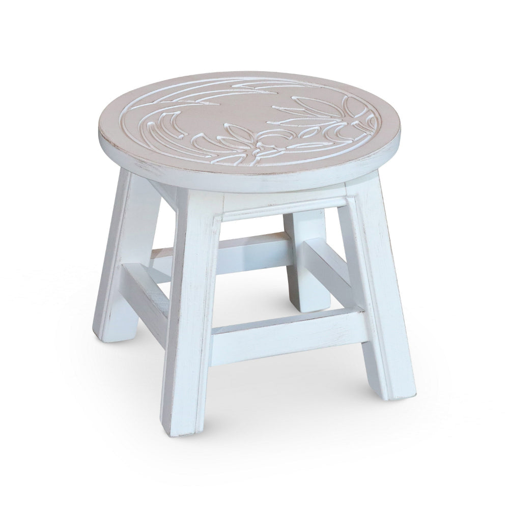 Sidi 11 Inch Step Stool Footrest Wood Floral Print Round Antique White By Casagear Home BM314448