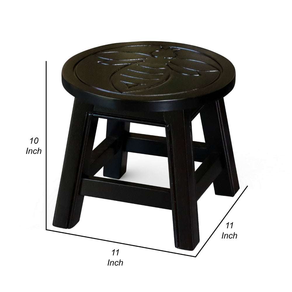 Sidi 11 Inch Step Stool Footrest Wood Queen Bee Print Round Dark Brown By Casagear Home BM314449