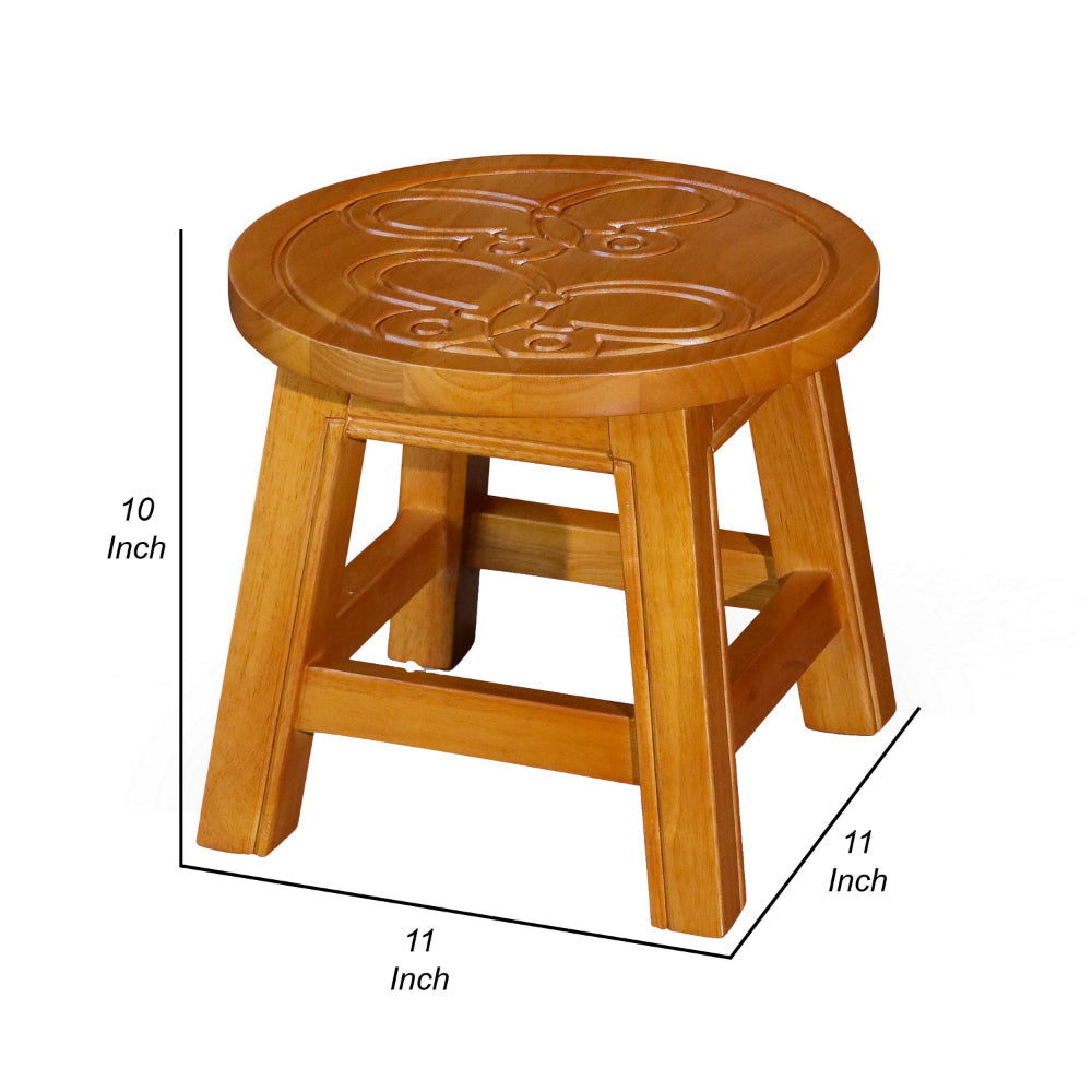 Sidi 11 Inch Step Stool Footrest Wood Butterfly Print Round Natural By Casagear Home BM314452