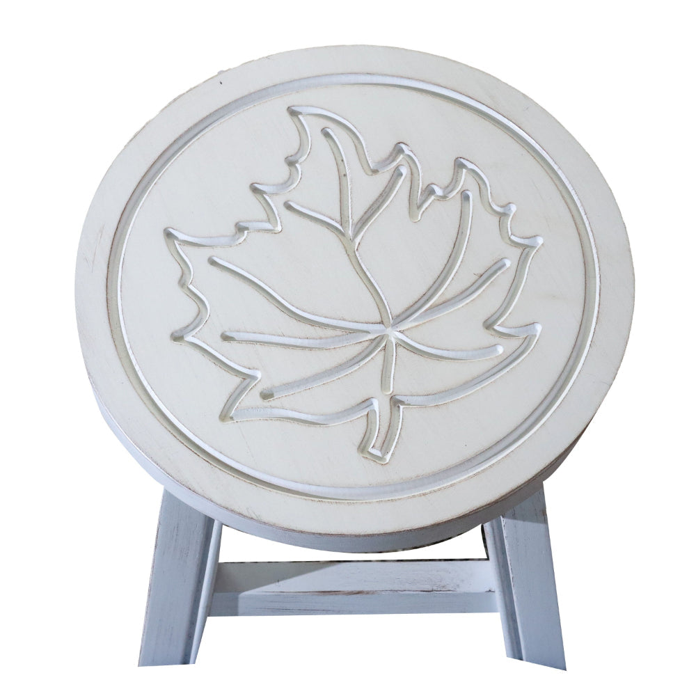 Sidi 11 Inch Step Stool Footrest Wood Maple Leaf Print Round White By Casagear Home BM314455