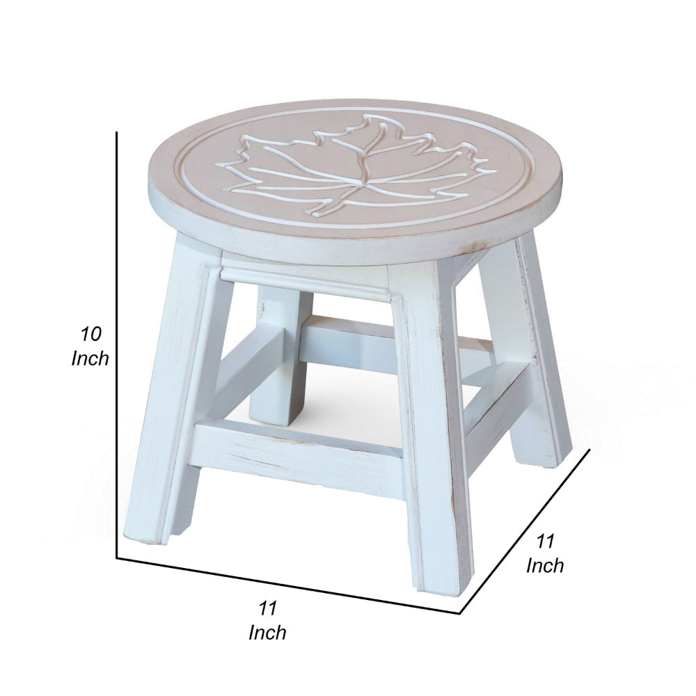 Sidi 11 Inch Step Stool Footrest Wood Maple Leaf Print Round White By Casagear Home BM314455