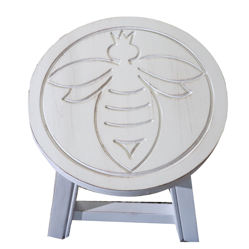 Sidi 11 Inch Step Stool Footrest Wood Queen Bee Print Round White By Casagear Home BM314456