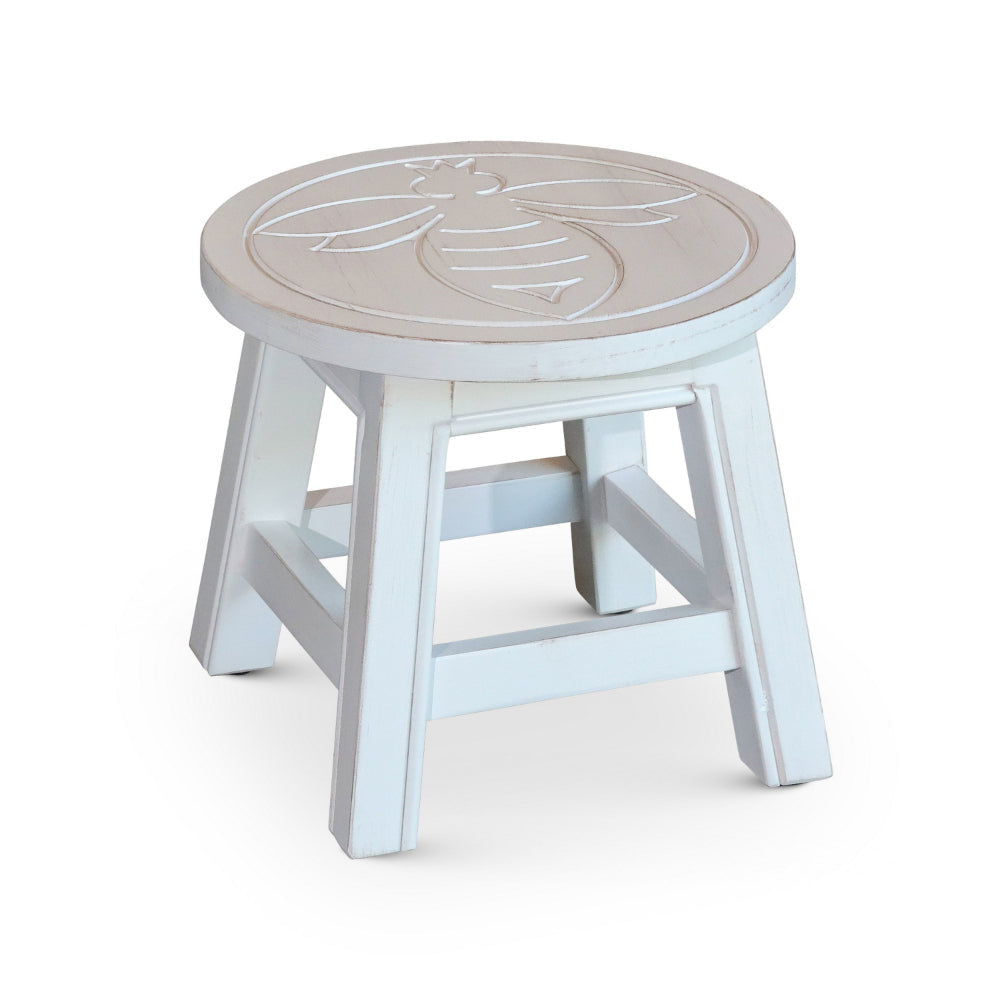 Sidi 11 Inch Step Stool Footrest Wood Queen Bee Print Round White By Casagear Home BM314456