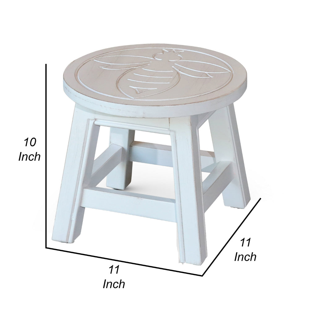 Sidi 11 Inch Step Stool Footrest Wood Queen Bee Print Round White By Casagear Home BM314456