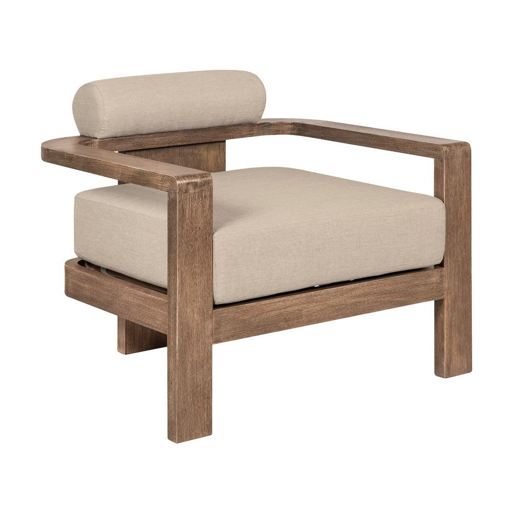 Sol 33 Inch Outdoor Patio Accent Chair, Brown Wood, Beige Olefin Cushions By Casagear Home