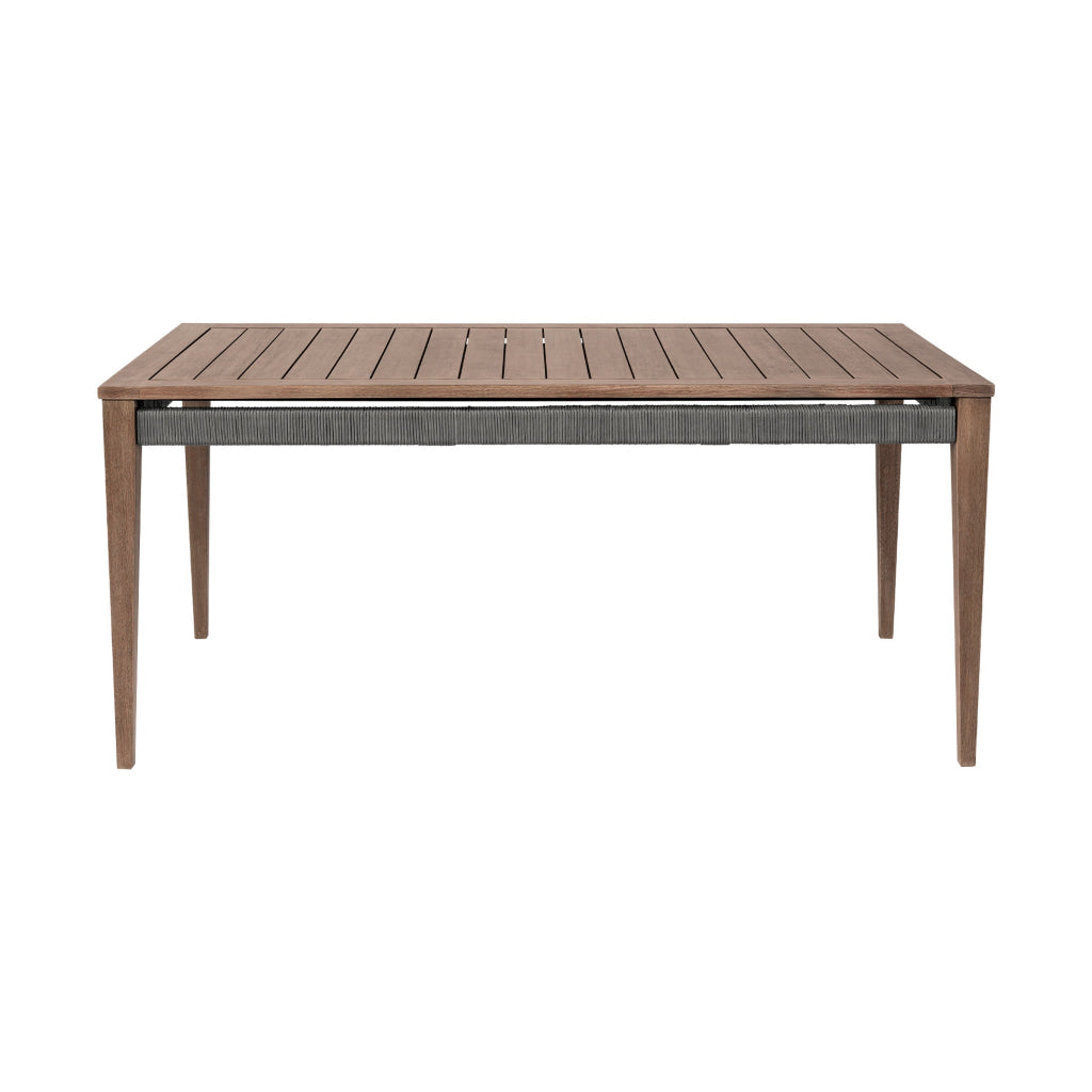 Kimi 65 Inch Outdoor Dining Table Brown Eucalyptus Wood Woven Rope Apron By Casagear Home BM314500