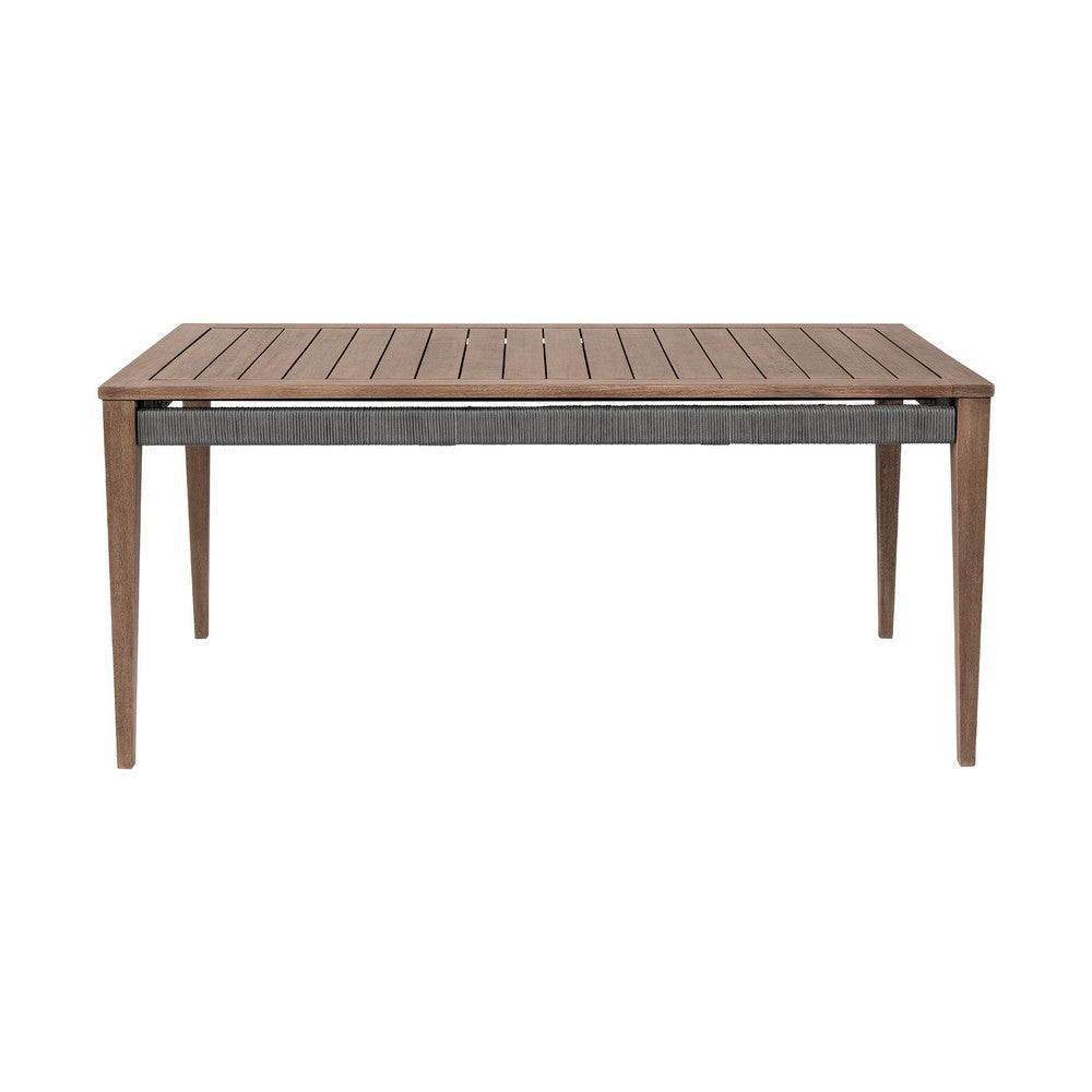 Kimi 65 Inch Outdoor Dining Table Brown Eucalyptus Wood Woven Rope Apron By Casagear Home BM314500