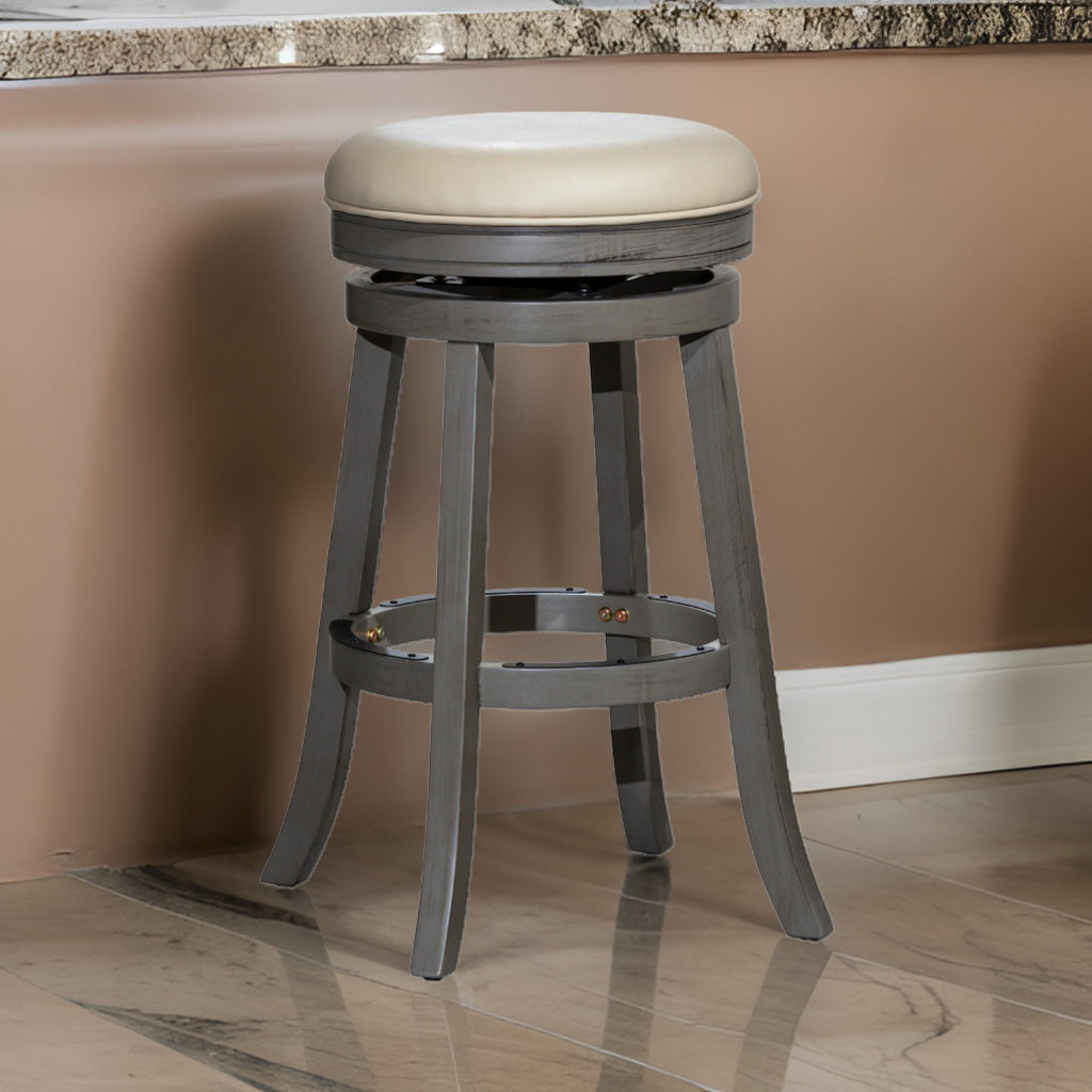 Opi 30 Inch Swivel Barstool Round Weathered Gray Faux Leather and Wood By Casagear Home BM314504