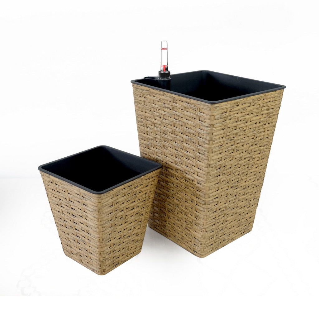 Aly 14 Inch Self Watering Planter Set of 2 Hand Woven Natural Brown Wicker By Casagear Home BM314510