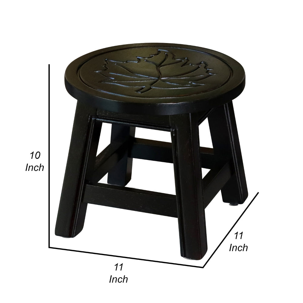 Sidi 11 Inch Step Stool Footrest Wood Maple Leaf Print Round Dark Brown By Casagear Home BM314518