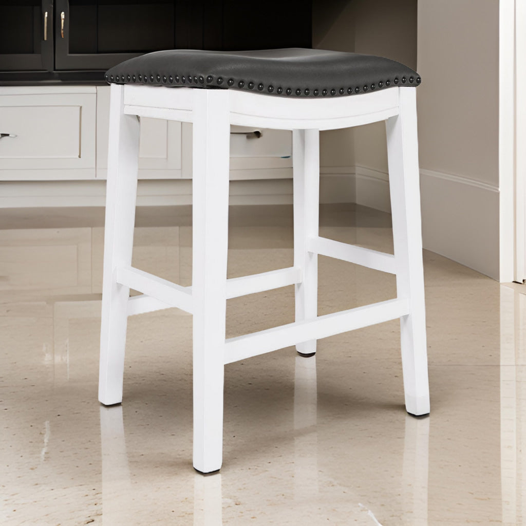 Ani 25 Inch Counter Stool Set of 2 Gray Faux Leather Saddle Seat White By Casagear Home BM314523