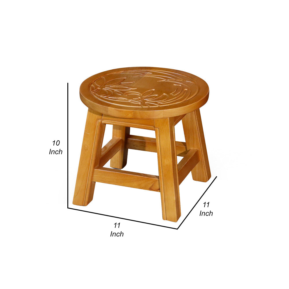 11 Inch Step Stool Footrest Round Wood Carved Floral Print Natural Brown By Casagear Home BM314529