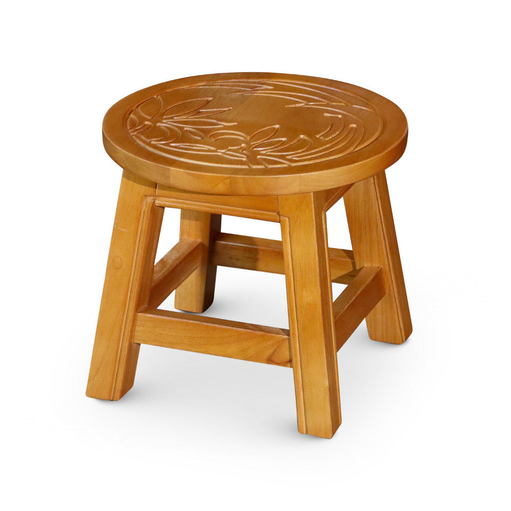 11 Inch Step Stool Footrest, Round Wood Carved Floral Print, Natural Brown By Casagear Home