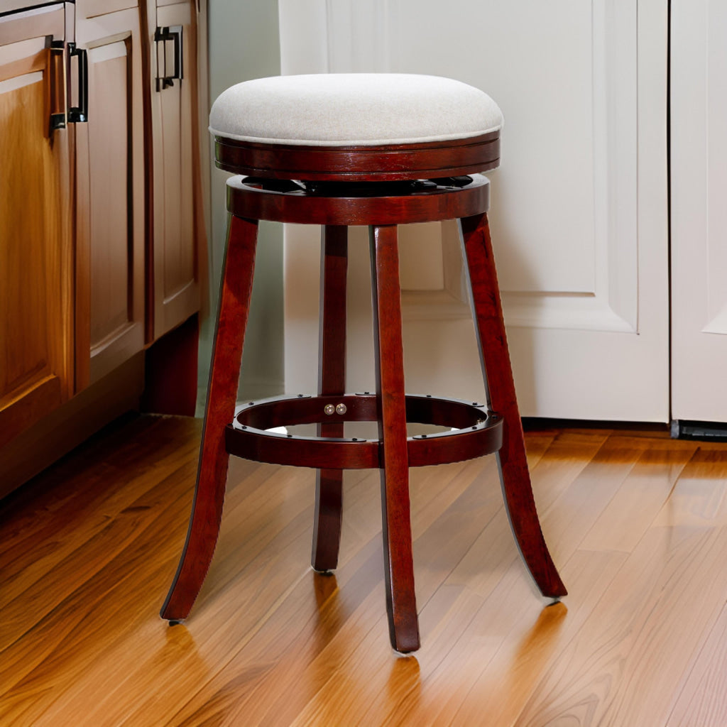 Opi 30 Inch Swivel Barstool Beige Polyester Cherry Brown Solid Wood By Casagear Home BM314538