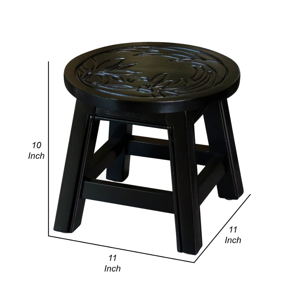 11 Inch Step Stool Footrest Round Wood Carved Floral Print Espresso Brown By Casagear Home BM314542