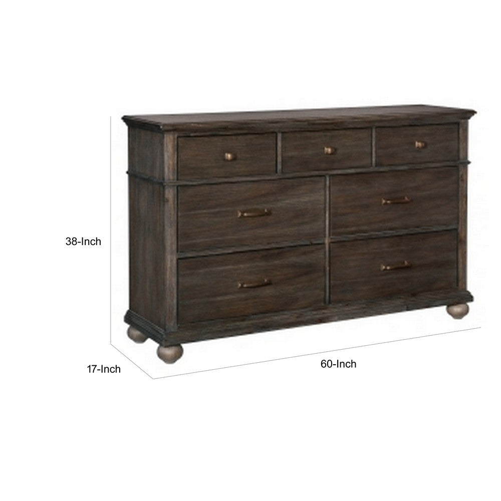 Carny 60 Inch Wide Dresser 7 Drawers Bronze Handles Brushed Brown Wood By Casagear Home BM314549