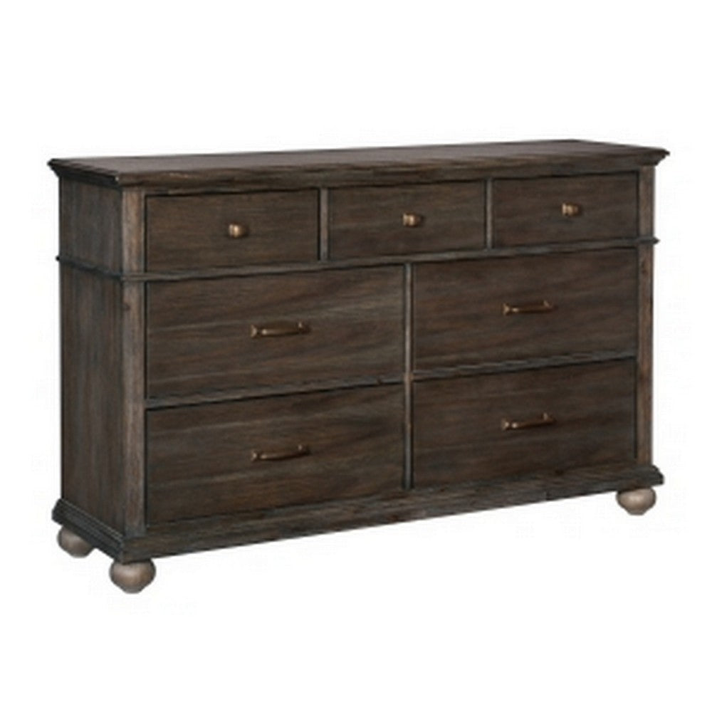 Carny 60 Inch Wide Dresser, 7 Drawers, Bronze Handles, Brushed Brown Wood By Casagear Home