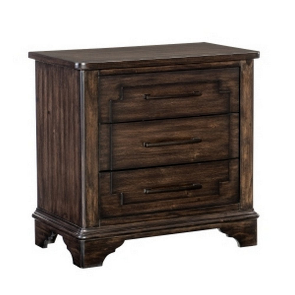 Amey 30 Inch Nightstand 3 Drawers with Bar Handles Rustic Brown Wood By Casagear Home BM314551