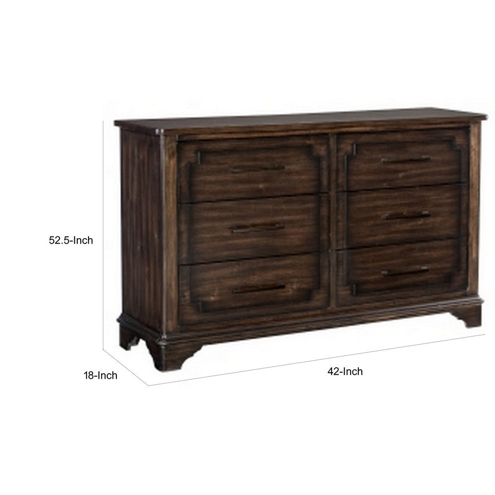 Amey 61 Inch Wide Dresser 6 Drawers with Bar Handles Rustic Brown Wood By Casagear Home BM314552