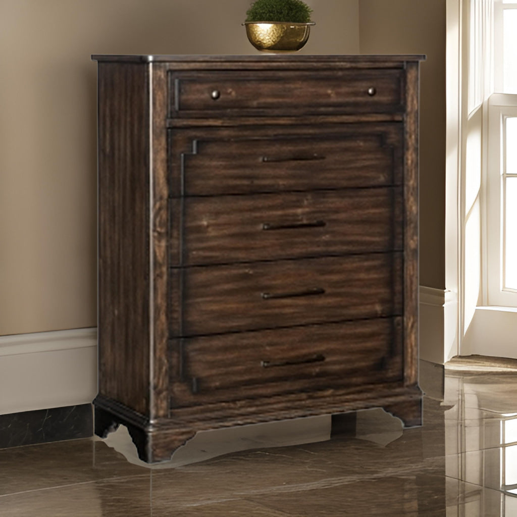 Amey 53 Inch Tall Dresser Chest, 5 Drawers, Bar Handles, Rustic Brown Wood By Casagear Home