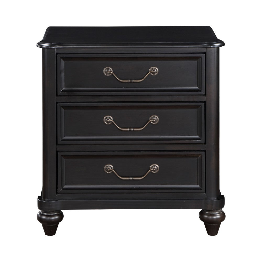 Vix 27 Inch Nightstand 3 Drawers Molded Design Pewter Drop Handles Black By Casagear Home BM314558