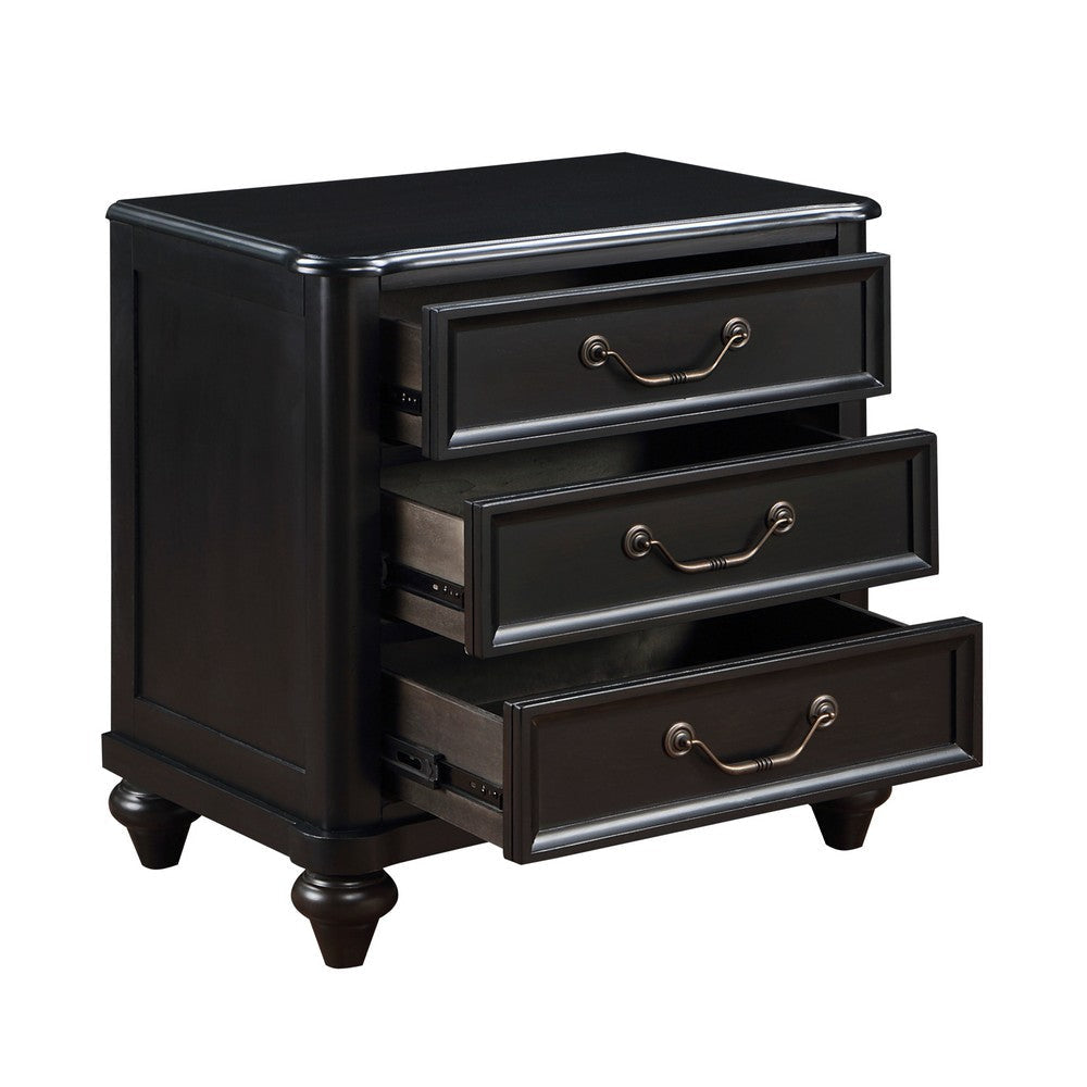 Vix 27 Inch Nightstand 3 Drawers Molded Design Pewter Drop Handles Black By Casagear Home BM314558