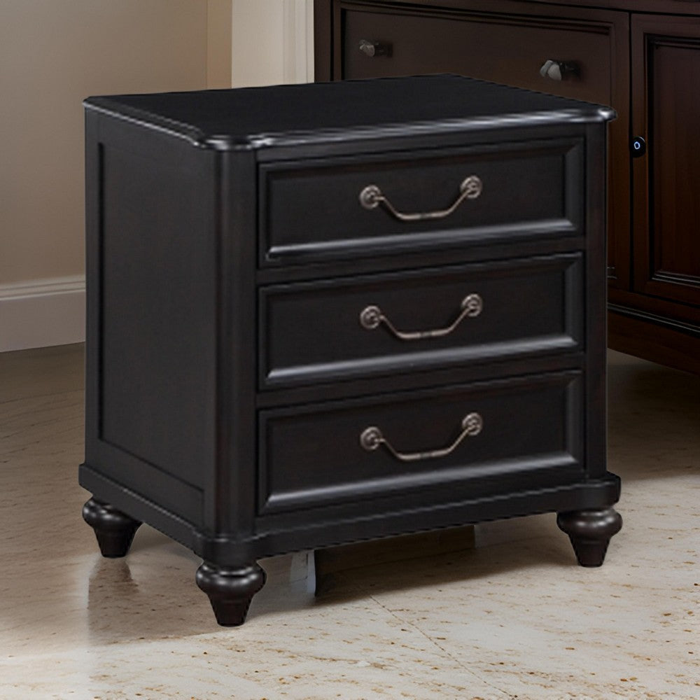 Vix 27 Inch Nightstand, 3 Drawers, Molded Design Pewter Drop Handles, Black By Casagear Home