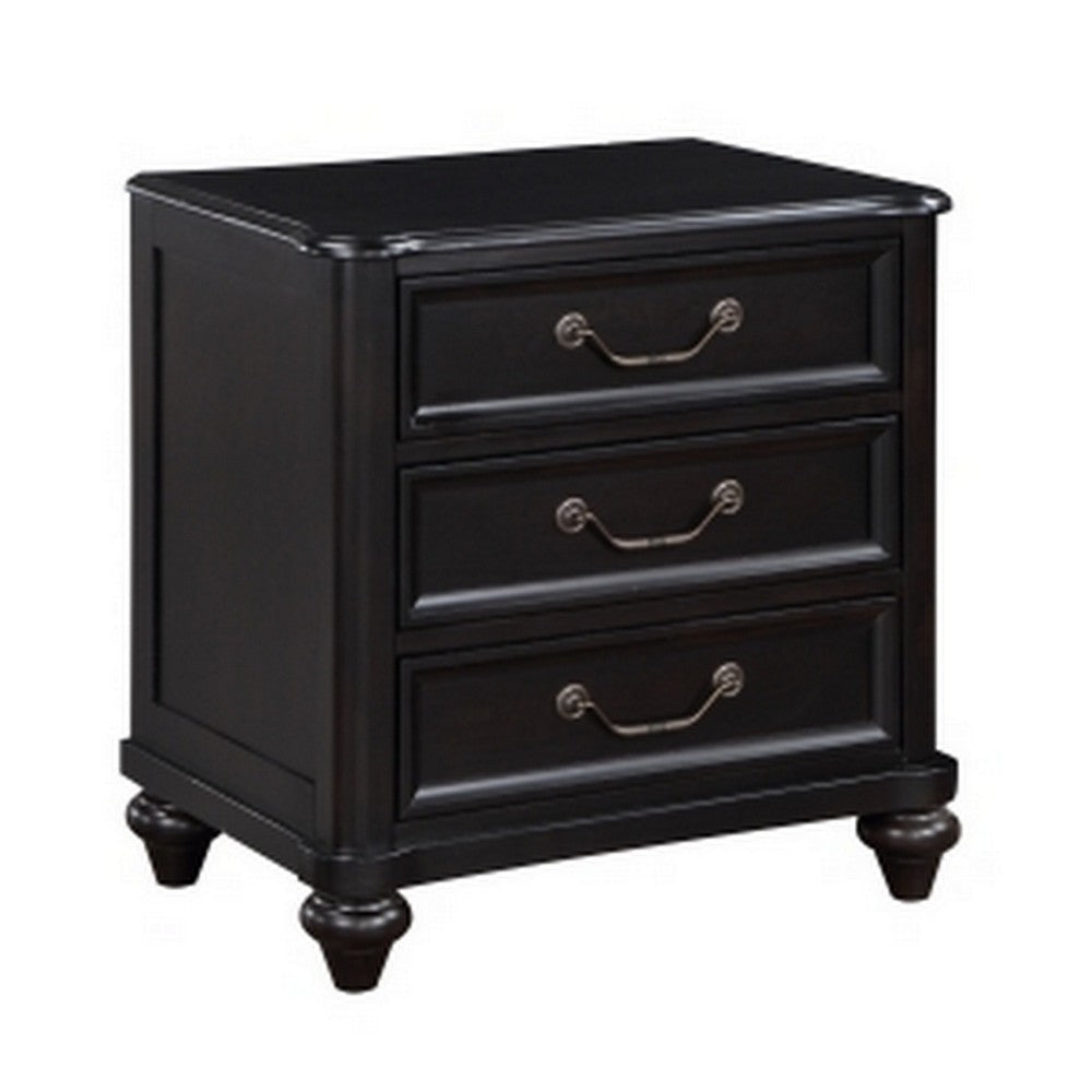 Vix 27 Inch Nightstand 3 Drawers Molded Design Pewter Drop Handles Black By Casagear Home BM314558