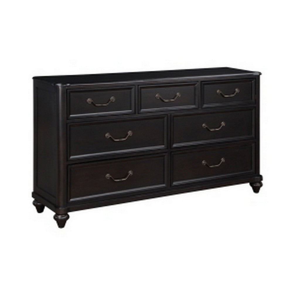 Vix 64 Inch Wide Dresser, 7 Molded Trim Drawers, Pewter Drop Handles, Black By Casagear Home