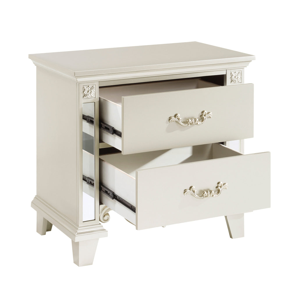 Xeni 28 Inch Nighstand 2 Drawers Scrolled and Mirror Accent Champagne By Casagear Home BM314564