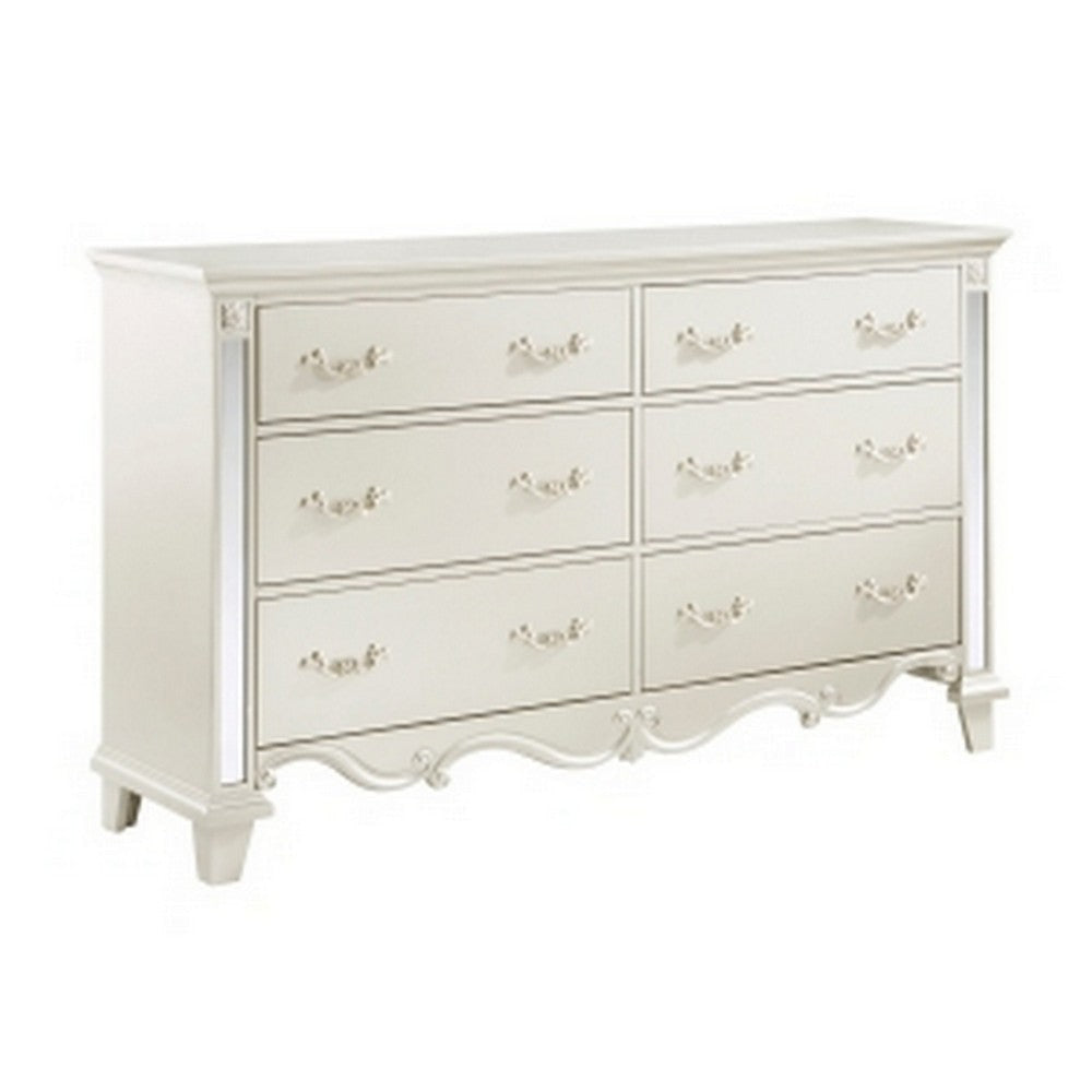 Xeni 66 Inch Wide Dresser, 6 Drawers, Scrolled, Mirror Accent, Champagne By Casagear Home