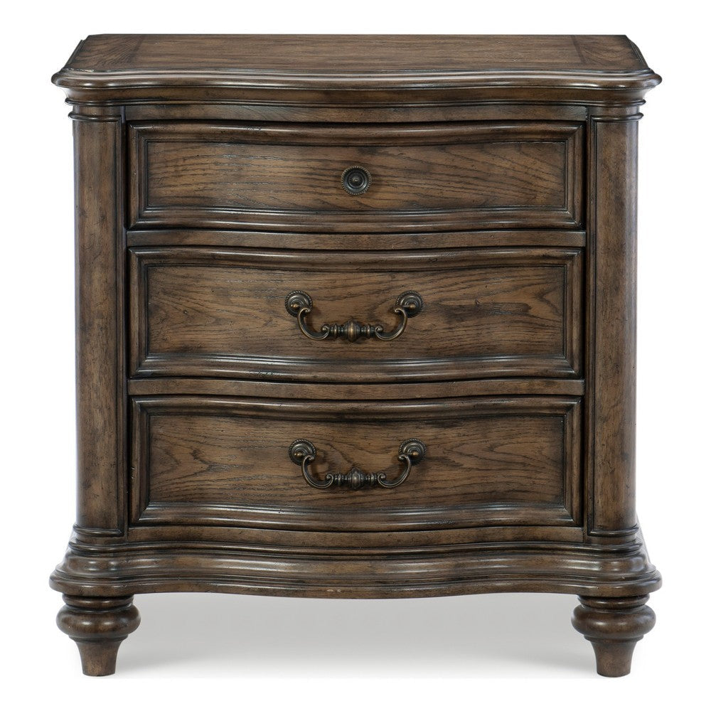 Deborah 30 Inch Nightstand 3 Drawers Bronze Drop Handles Brown Wood By Casagear Home BM314569