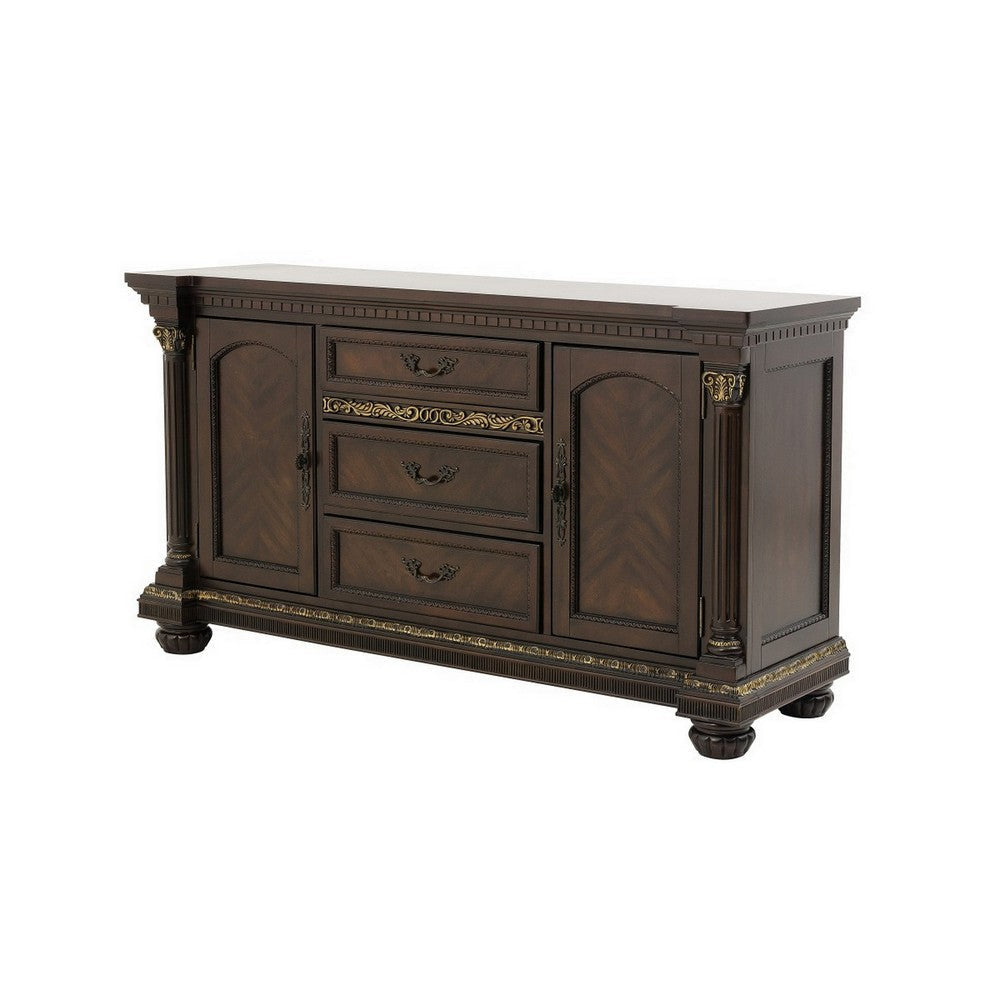 Hilton 66 Inch Buffet Console 3 Drawers 2 Cabinets Cherry Brown and Gold By Casagear Home BM314579