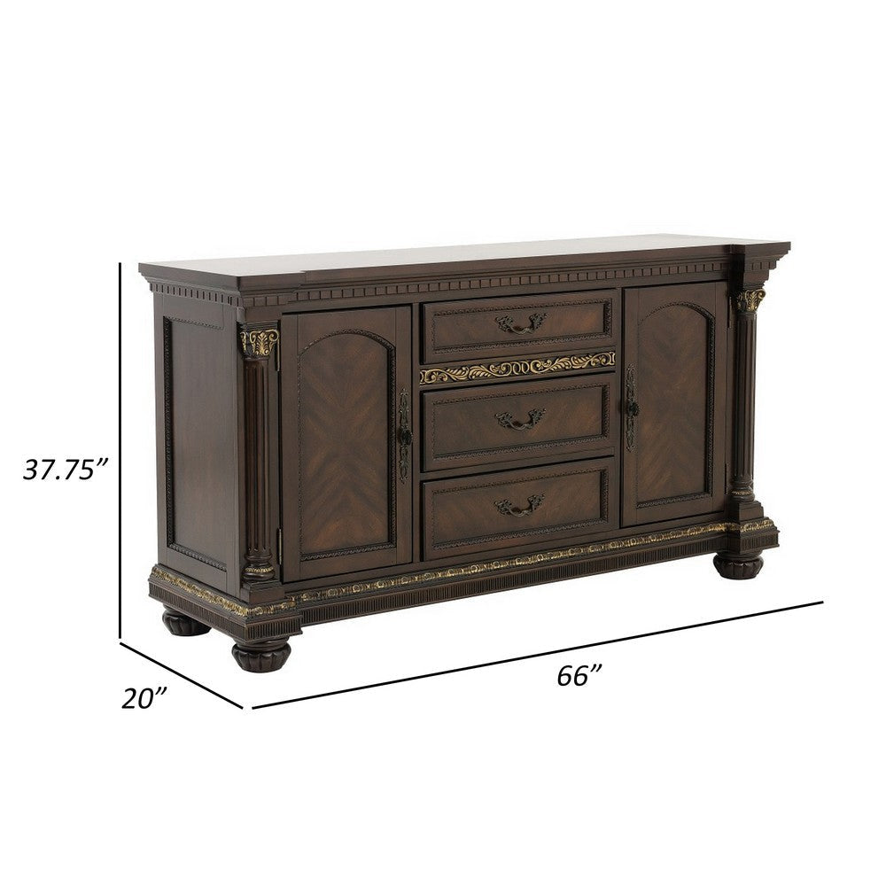 Hilton 66 Inch Buffet Console 3 Drawers 2 Cabinets Cherry Brown and Gold By Casagear Home BM314579