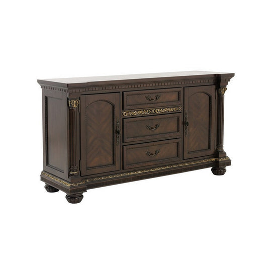 Hilton 66 Inch Buffet Console, 3 Drawers, 2 Cabinets, Cherry Brown and Gold By Casagear Home