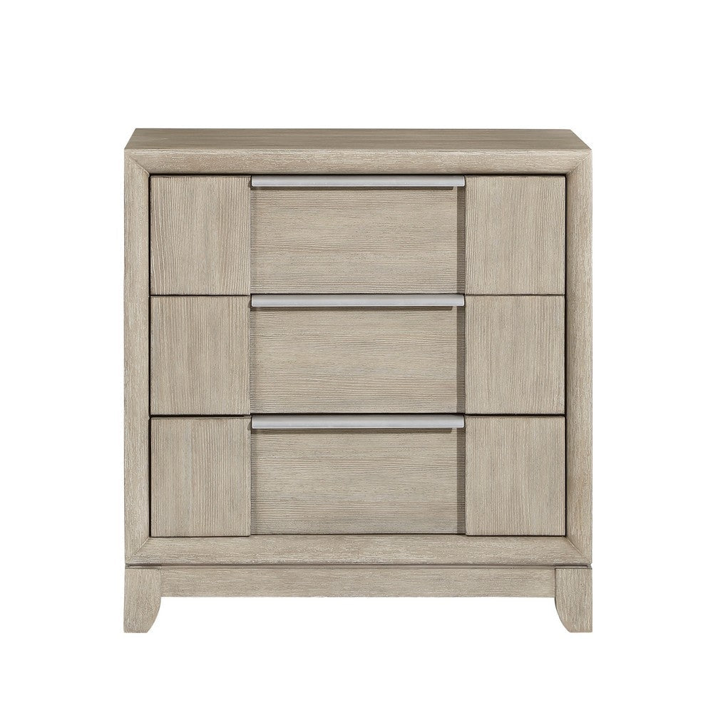 Owen 29 Inch Nightstand 3 Drawers USB Charging Port Light Beige Wood By Casagear Home BM314580