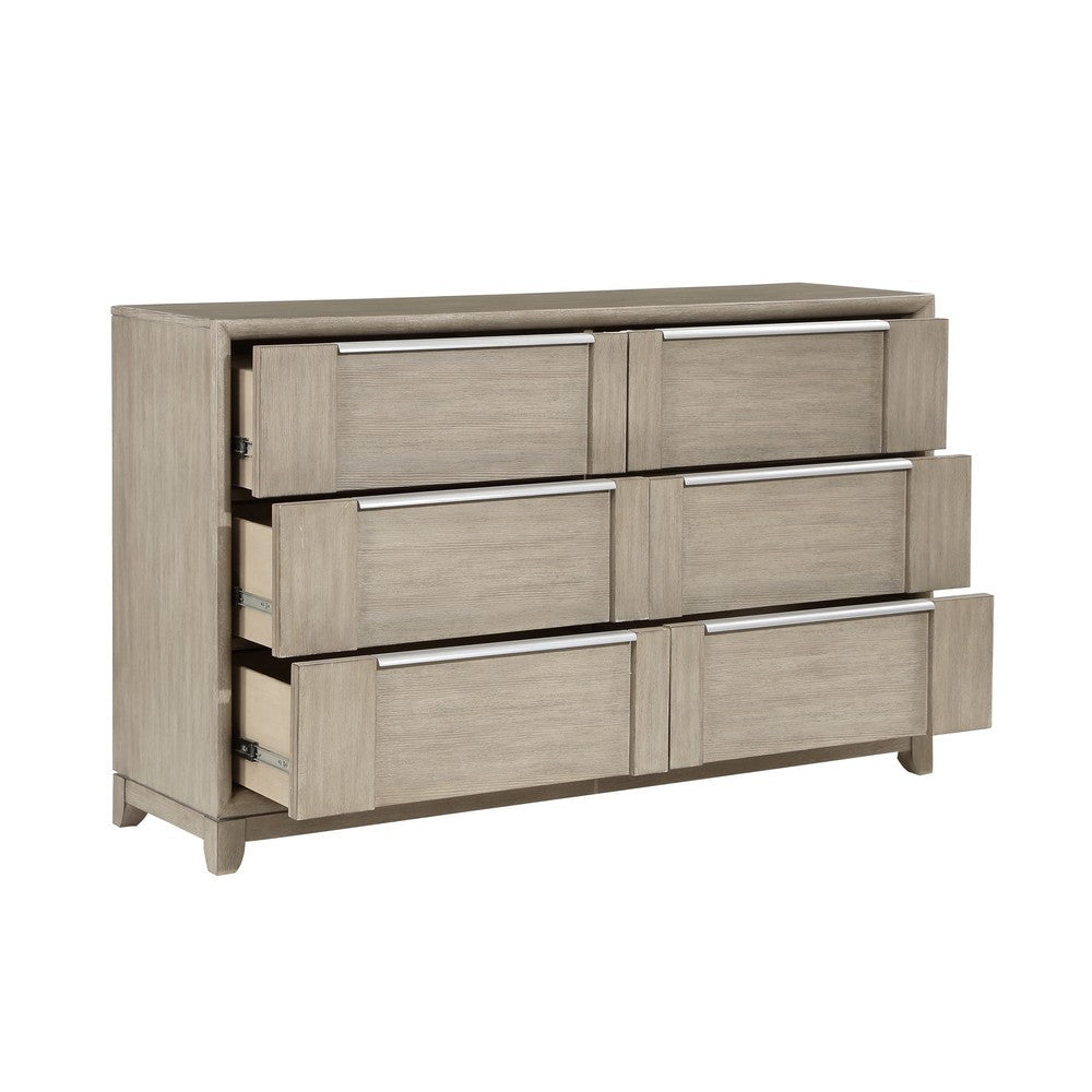 Owen 64 Inch Dresser 6 Drawers Pewter Tone Handles Light Beige Finish By Casagear Home BM314581