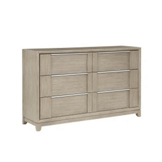 Owen 64 Inch Dresser, 6 Drawers, Pewter Tone Handles, Light Beige Finish By Casagear Home