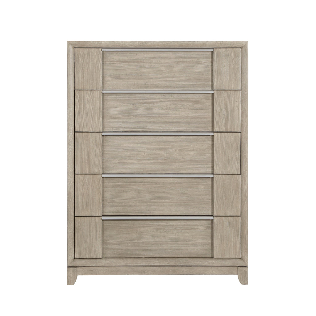 Owen 54 Inch Tall Dresser Chest 5 Drawers Pewter Handles Light Beige Wood By Casagear Home BM314582