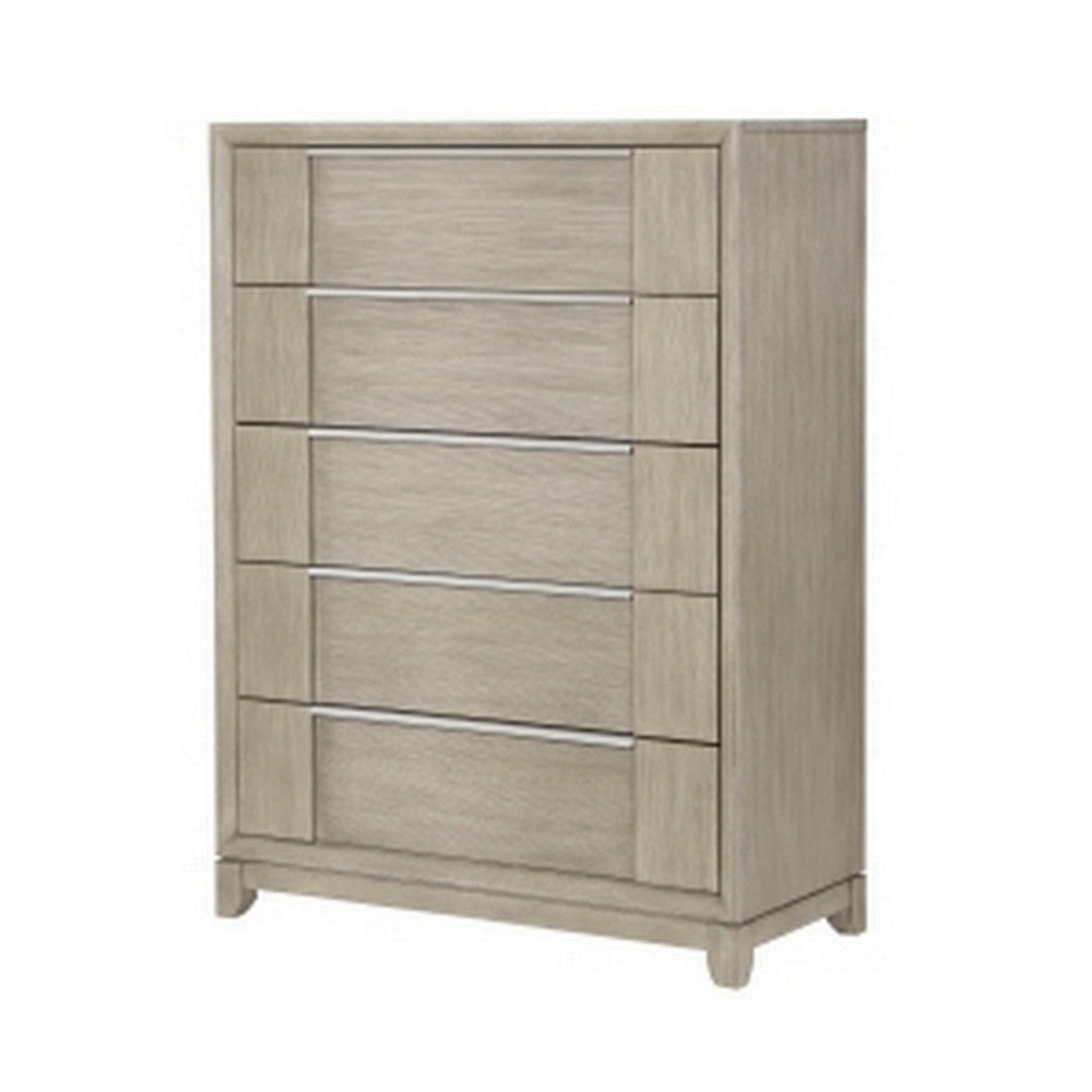 Owen 54 Inch Tall Dresser Chest 5 Drawers Pewter Handles Light Beige Wood By Casagear Home BM314582