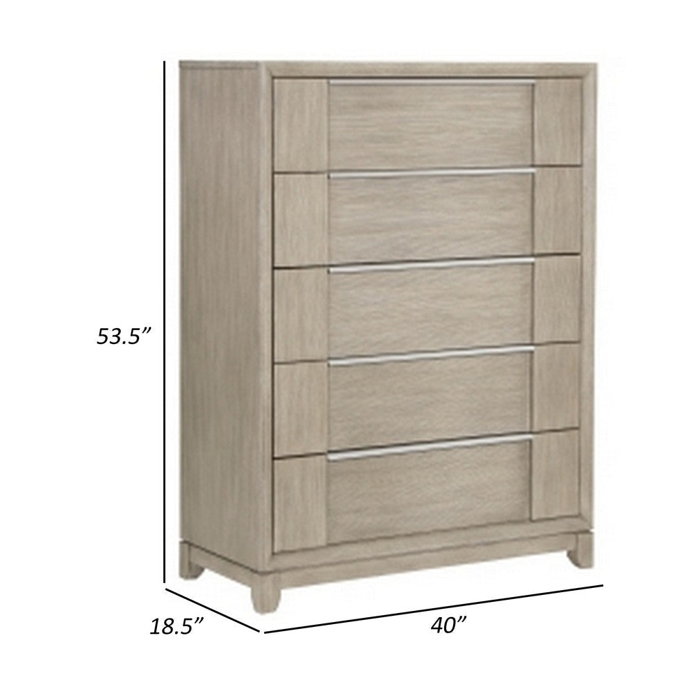 Owen 54 Inch Tall Dresser Chest 5 Drawers Pewter Handles Light Beige Wood By Casagear Home BM314582