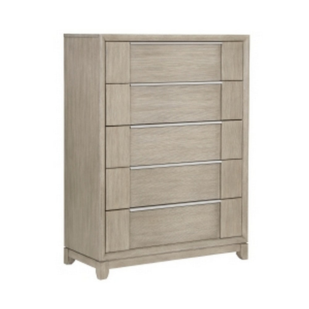 Owen 54 Inch Tall Dresser Chest, 5 Drawers Pewter Handles, Light Beige Wood By Casagear Home