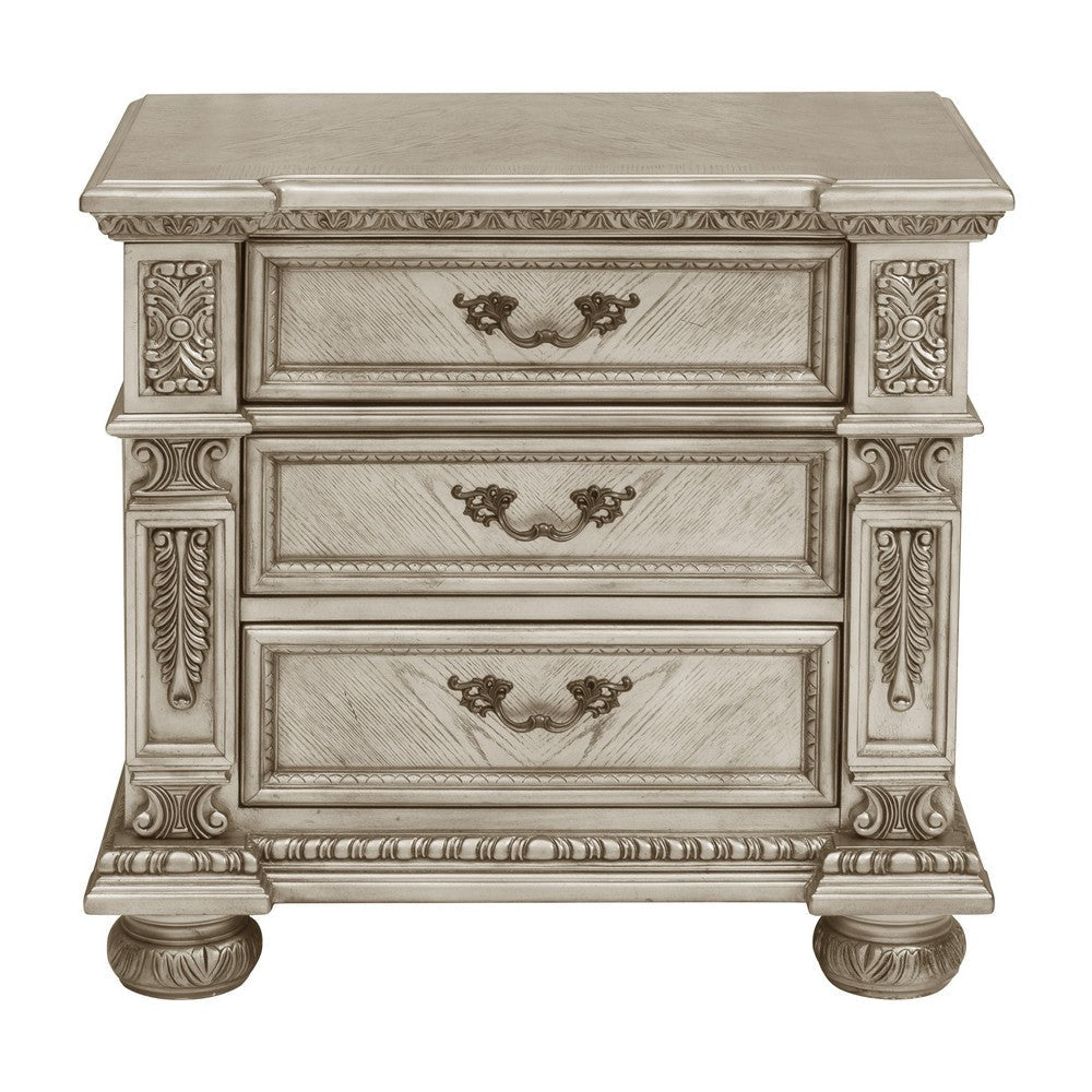 Lumi 31 Inch Nightstand 3 Dovetail Drawers Platinum and Gold Wood Finish By Casagear Home BM314583