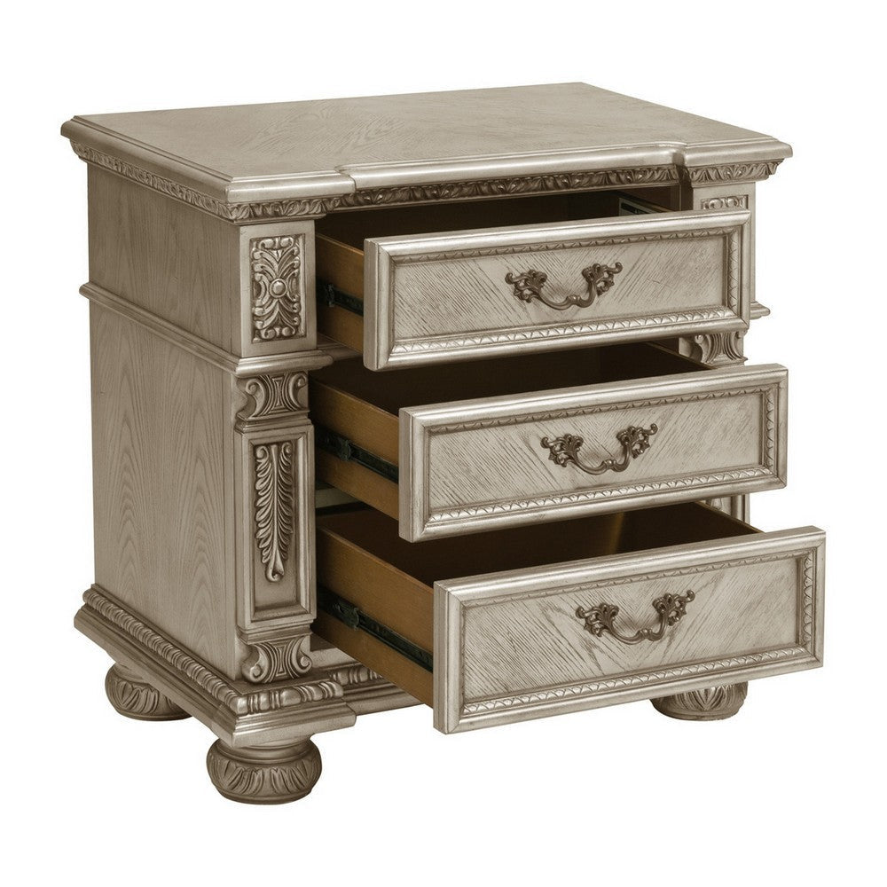 Lumi 31 Inch Nightstand 3 Dovetail Drawers Platinum and Gold Wood Finish By Casagear Home BM314583